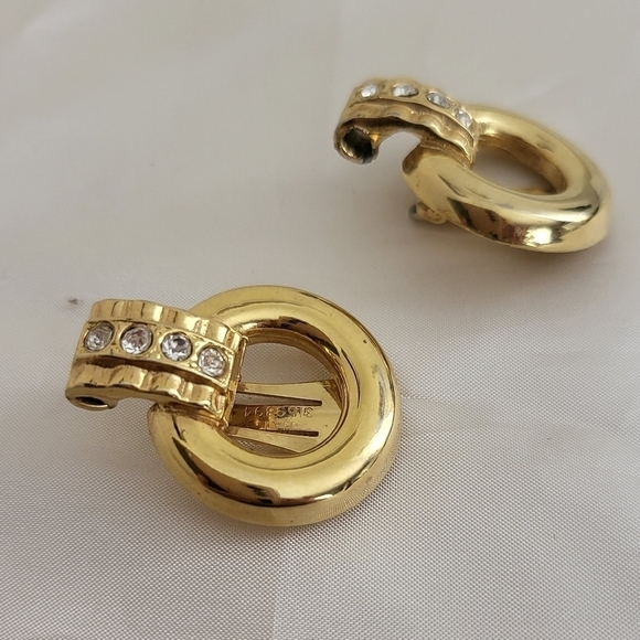 Vtg 1964 Goldtone Rhinestone Detail Door Knocker Clip On Earrings - Picture 2 of 5